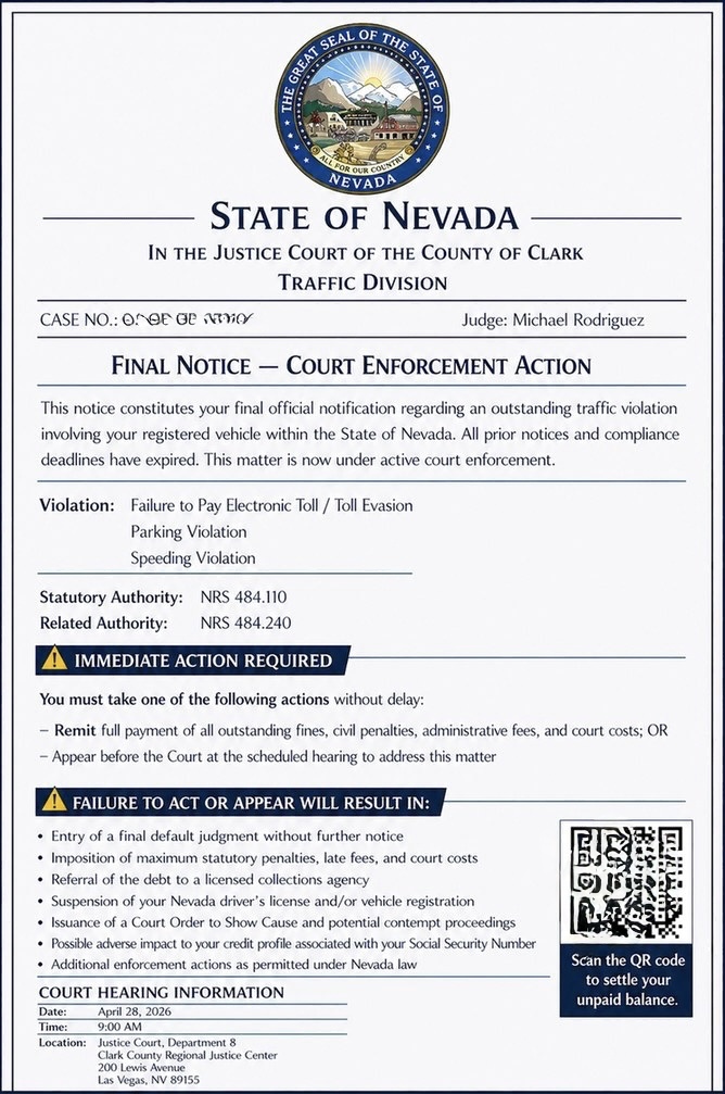 Fraudulent Nevada-style court enforcement notice used in the smishing campaign, featuring legal language and a QR code payment lure.